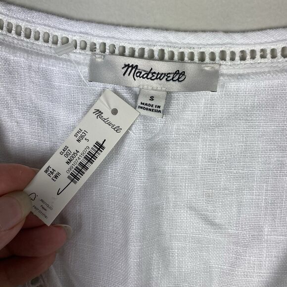Madewell Cassie Button-Front Midi Dress Small Linen eyelet sleeves white NWT - Picture 9 of 11